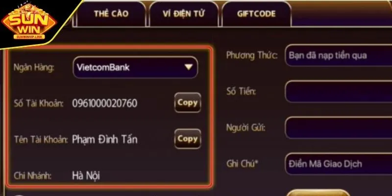 Hỗ trợ nạp tiền qua ngân hàng 